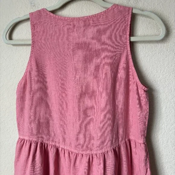 Boho Linen V-Neck Pink Mini Dress Beachy Boho Lagenlook Natural Summer - Picture 7 of 8